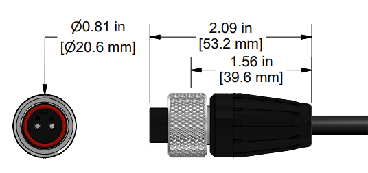A line drawing showing the diameter and length of an assembled CTC A2AG vibration sensor connector kit.
