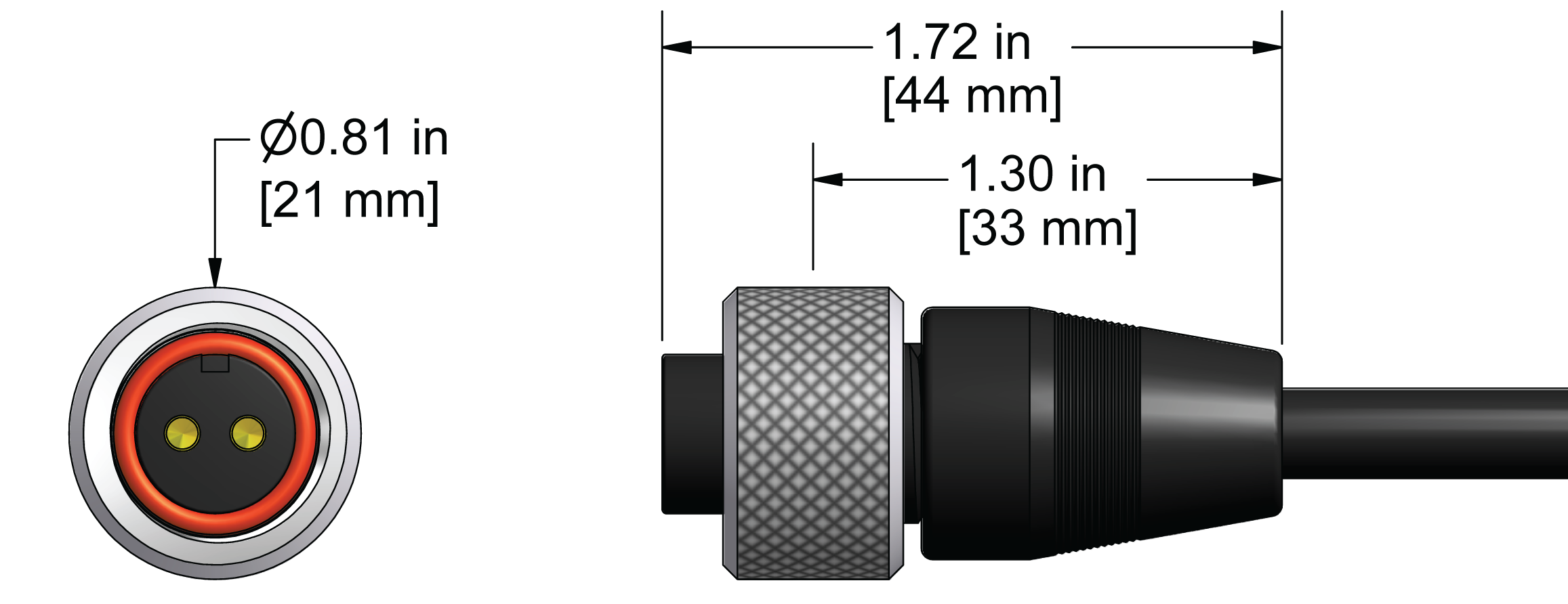 A line drawing showing the diameter and length of an assembled CTC A2P vibration sensor connector kit.