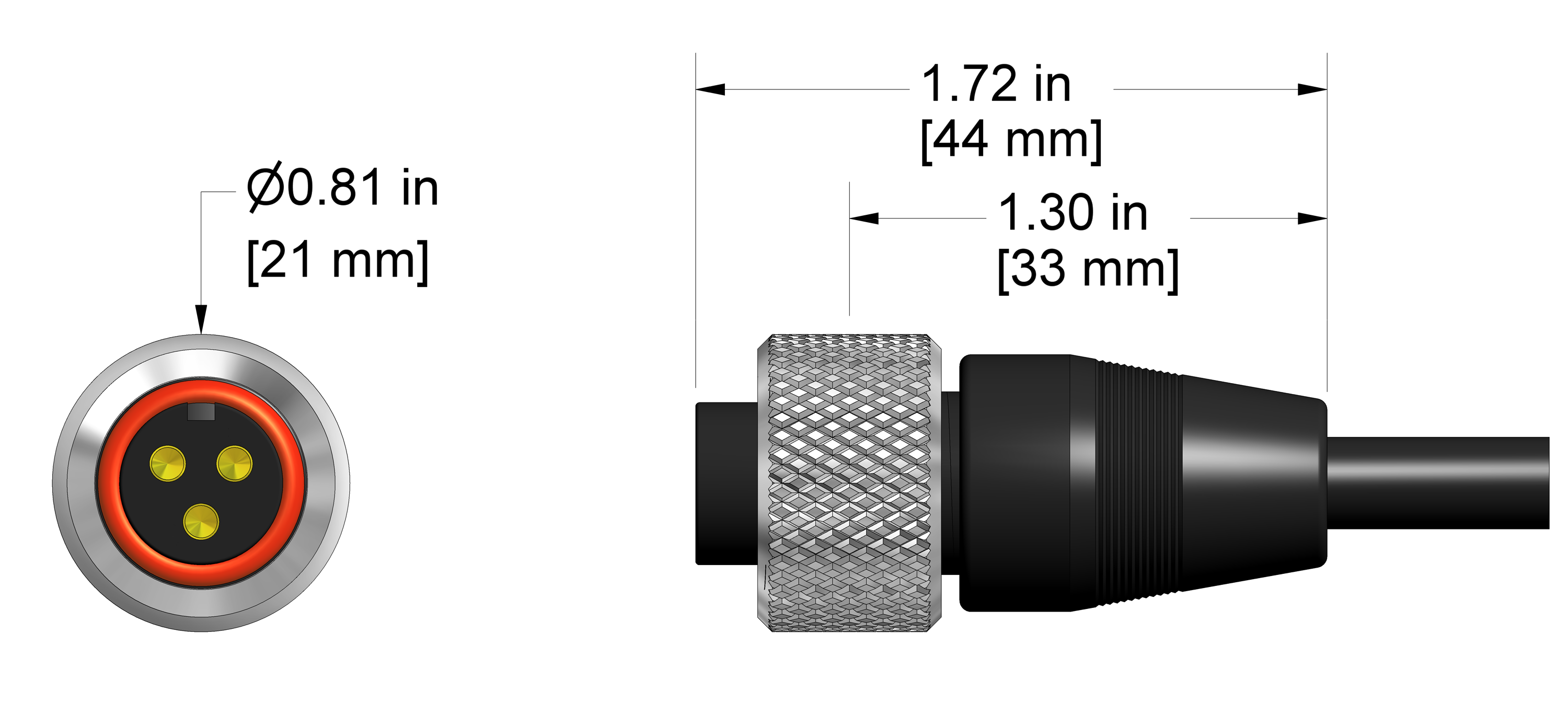 A line drawing showing the diameter and length of an assembled CTC A3AB vibration sensor connector kit.