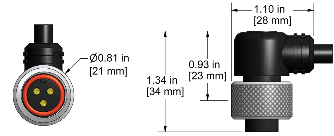 A line drawing showing the diameter and length of an assembled CTC A3E vibration sensor connector kit.