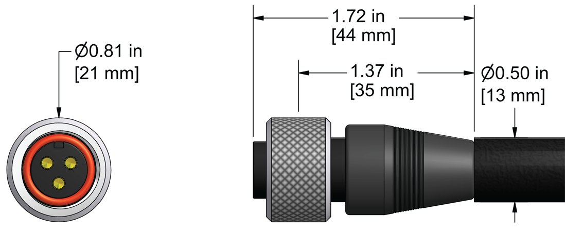 A line drawing showing the diameter and length of an assembled CTC A3L vibration sensor connector kit.