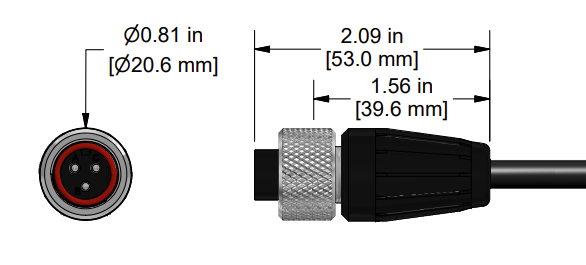 A line drawing showing the diameter and length of an assembled CTC A3NG vibration sensor connector kit.