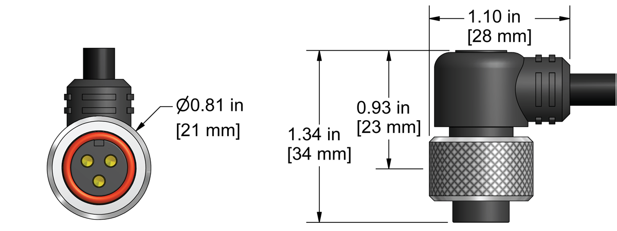 A line drawing showing the diameter and length of an assembled CTC A3V vibration sensor connector kit.