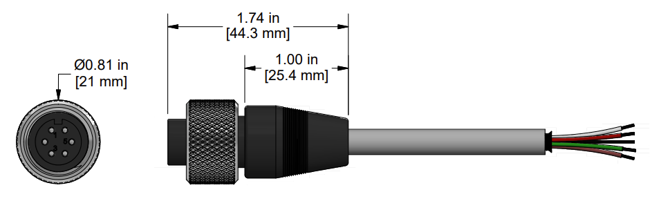 A line drawing showing the diameter and length of an assembled CTC A5A vibration sensor connector kit.