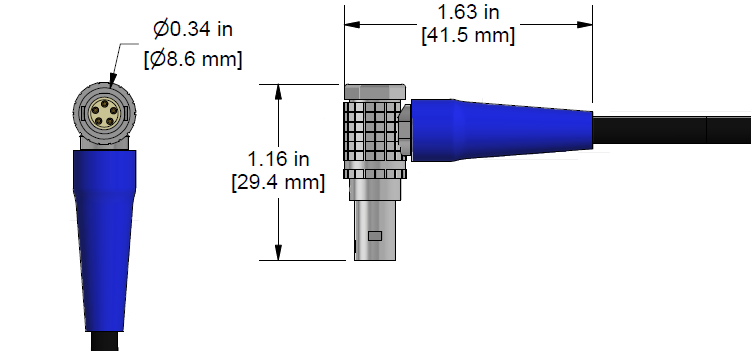 A line drawing showing the diameter and length of an assembled CTC C10 vibration sensor connector kit.
