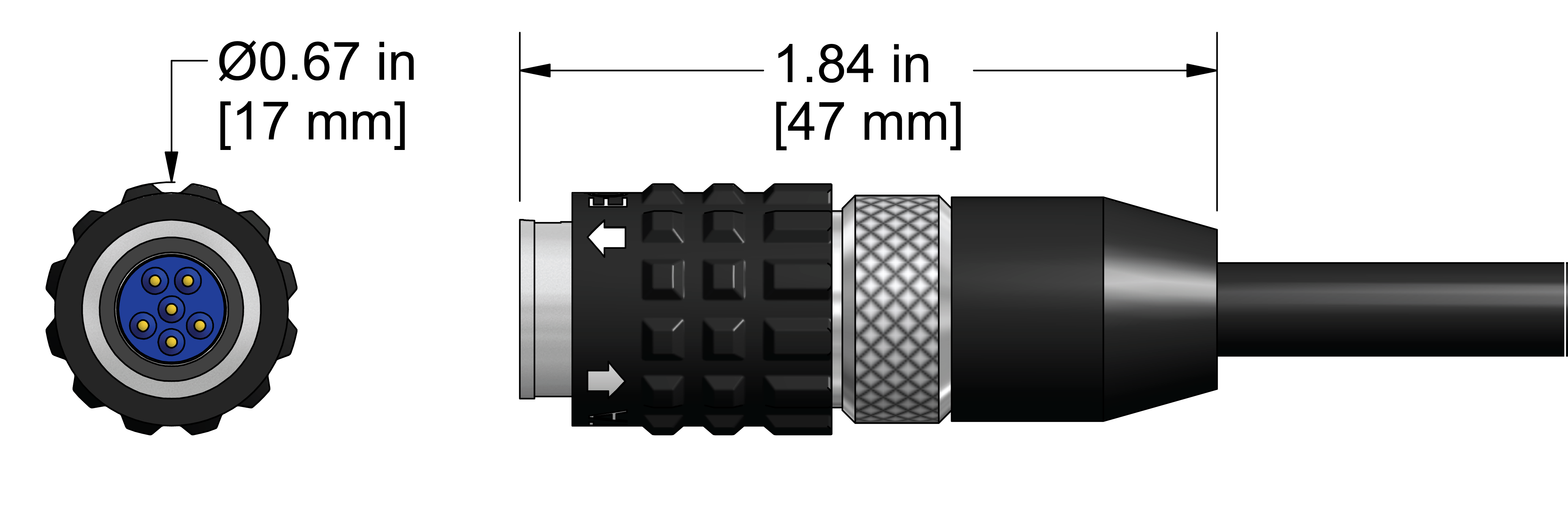 A line drawing showing the diameter and length of an assembled CTC C314 vibration sensor connector kit.