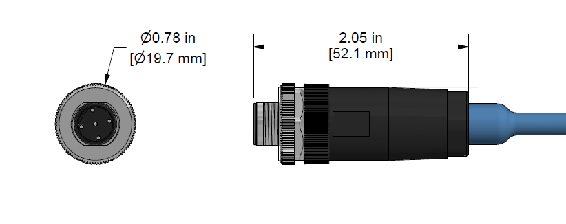 A line drawing showing the diameter and length of an assembled CTC C315 vibration sensor connector kit.