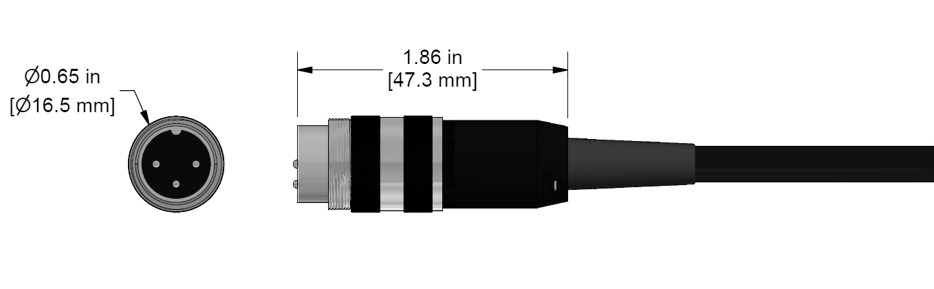 A line drawing showing the diameter and length of an assembled CTC C350B vibration sensor connector kit.
