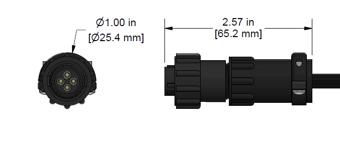 A line drawing showing the diameter and length of an assembled CTC C411 vibration sensor connector kit.