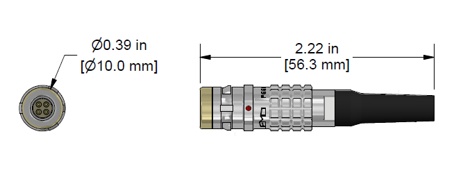 A line drawing showing the diameter and length of an assembled CTC C477 vibration sensor connector kit.