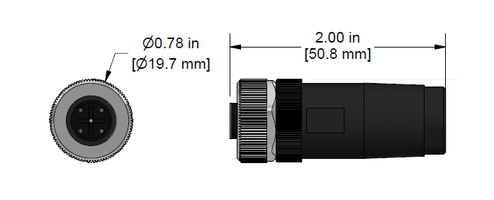 A line drawing showing the diameter and length of an assembled CTC C478 vibration sensor connector kit.