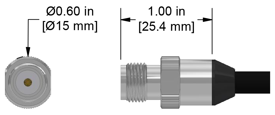 A line drawing showing the diameter and length of an assembled CTC C490 vibration sensor connector kit.