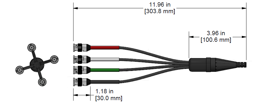 A line drawing showing the diameter and length of an assembled CTC C521 vibration sensor connector kit.