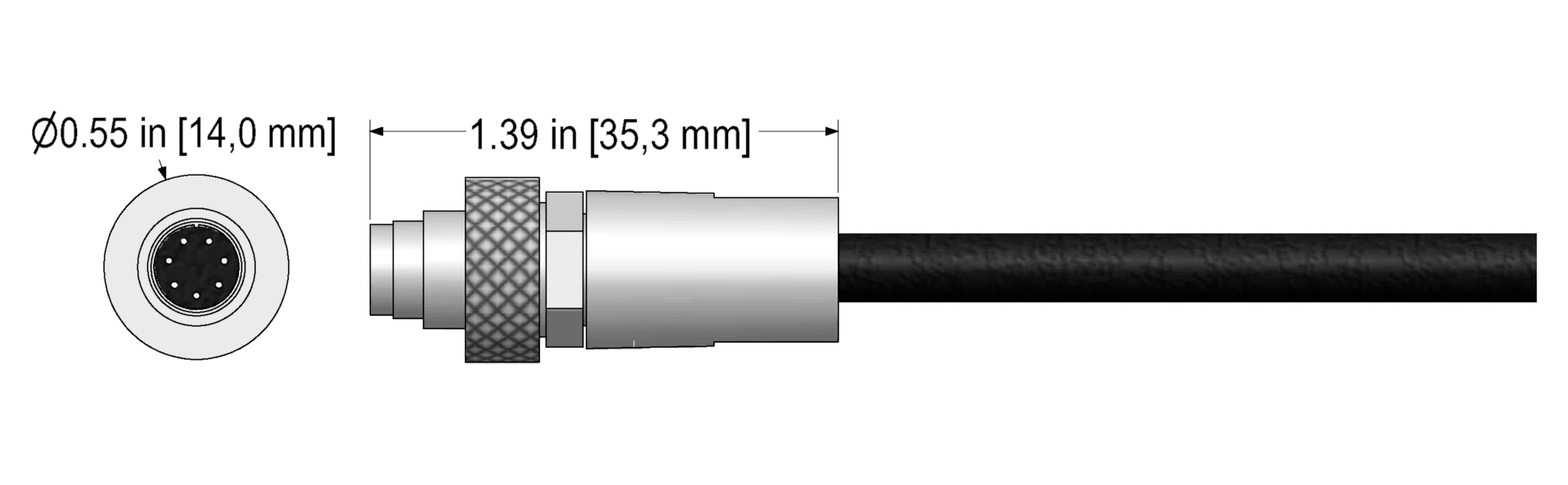 A line drawing showing the diameter and length of an assembled CTC C539 vibration sensor connector kit.