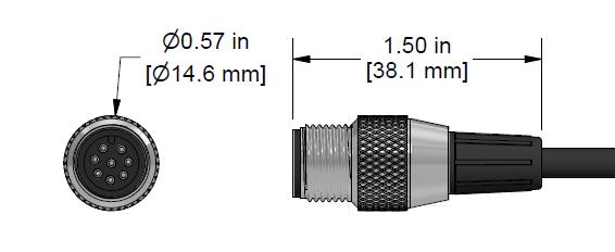 A line drawing showing the diameter and length of an assembled CTC C563 vibration sensor connector kit.
