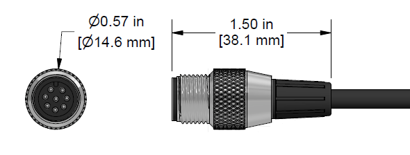 A line drawing showing the diameter and length of an assembled CTC C585 vibration sensor connector kit.