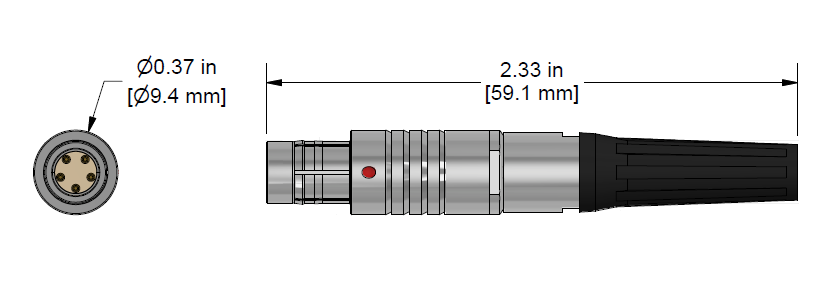 A line drawing showing the diameter and length of an assembled CTC C604 vibration sensor connector kit.