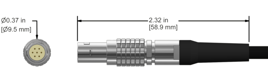 A line drawing showing the diameter and length of an assembled CTC C607 vibration sensor connector kit.