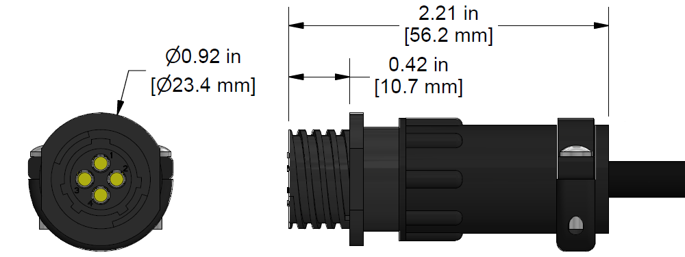 A line drawing showing the diameter and length of an assembled CTC C613 vibration sensor connector kit.