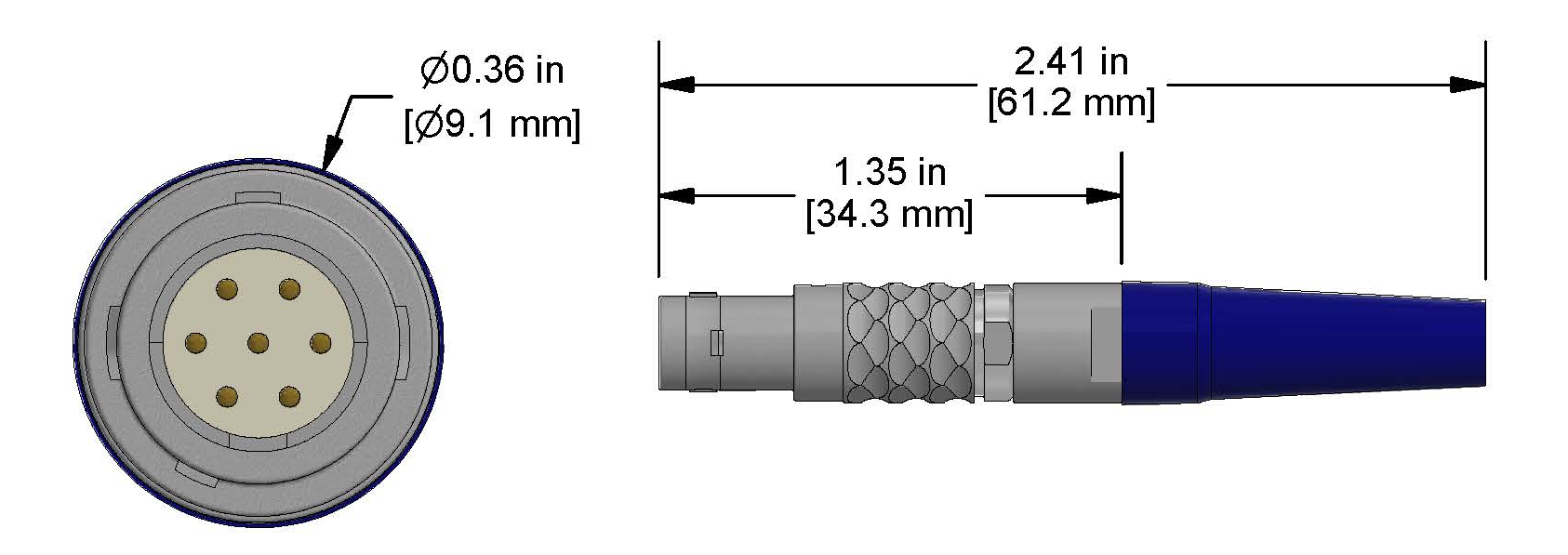 A line drawing showing the diameter and length of an assembled CTC C617 vibration sensor connector kit.