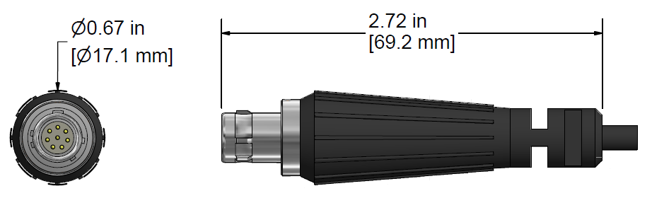A line drawing showing the diameter and length of an assembled CTC C619 vibration sensor connector kit.