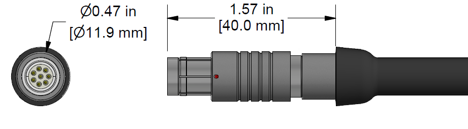 A line drawing showing the diameter and length of an assembled CTC C630 vibration sensor connector kit.