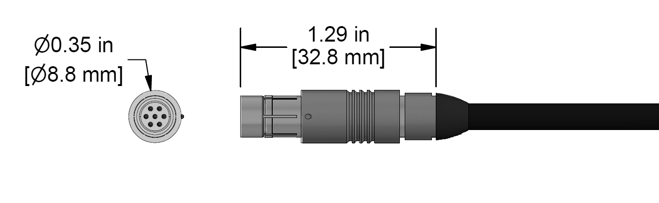 A line drawing showing the diameter and length of an assembled CTC C645 vibration sensor connector kit.