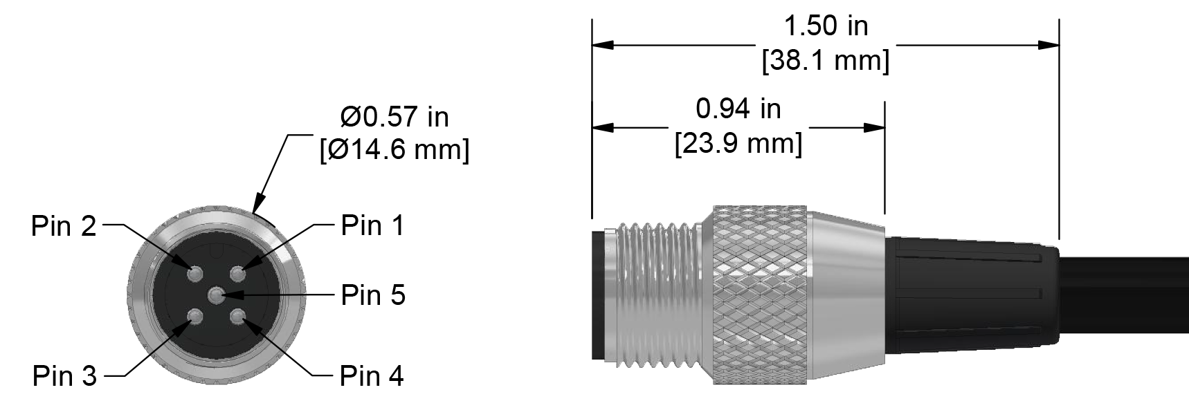 A line drawing showing the diameter and length of an assembled CTC C650 vibration sensor connector kit.