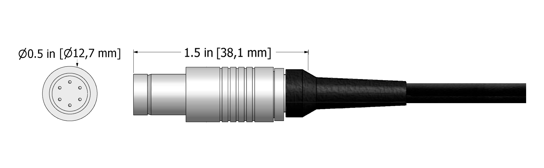 A line drawing showing the diameter and length of an assembled CTC C66 vibration sensor connector kit.