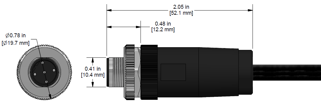 A line drawing showing the diameter and length of an assembled CTC C97 vibration sensor connector kit.