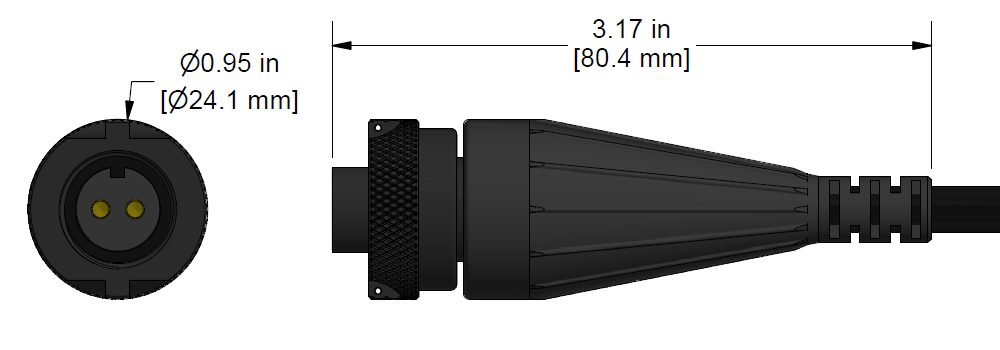 A line drawing showing the diameter and length of an assembled CTC D2CG1 vibration sensor connector kit.
