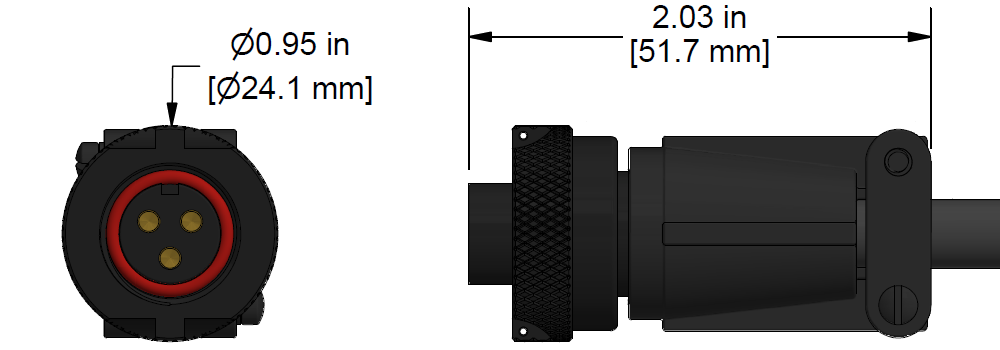 A line drawing showing the diameter and length of an assembled CTC D3H vibration sensor connector kit.