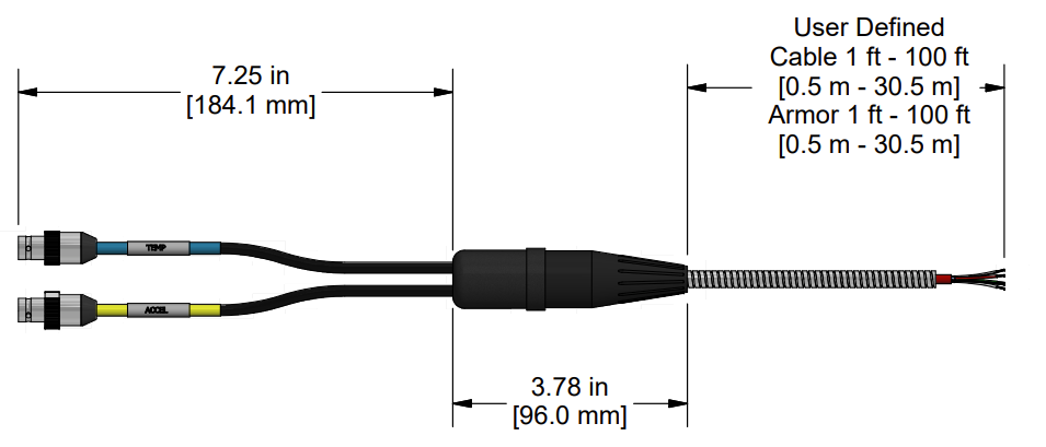 A line drawing showing the diameter and length of an assembled CTC E2XA vibration sensor connector kit.
