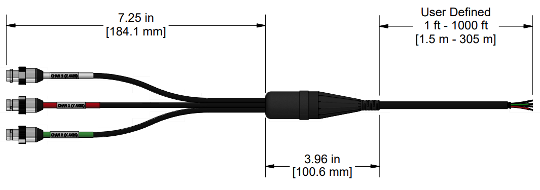 A line drawing showing the diameter and length of an assembled CTC E3C vibration sensor connector kit.