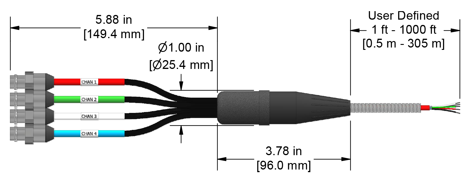 A line drawing showing the diameter and length of an assembled CTC E4X vibration sensor connector kit.