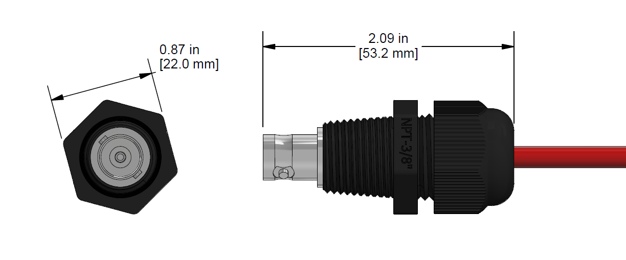 A line drawing showing the diameter and length of an assembled CTC EMPP vibration sensor connector kit.