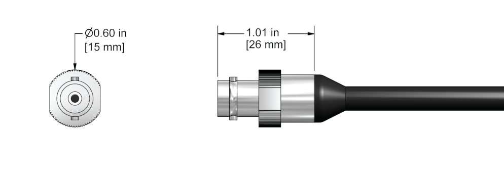 A line drawing showing the diameter and length of an assembled CTC EX vibration sensor connector kit.