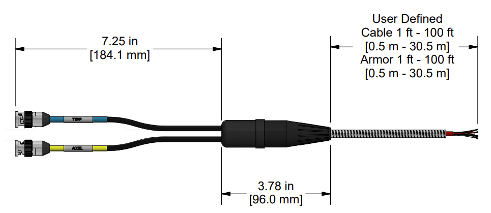 A line drawing showing the diameter and length of an assembled CTC F2XA vibration sensor connector kit.