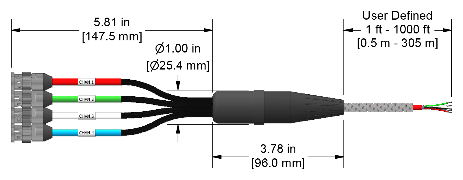 A line drawing showing the diameter and length of an assembled CTC F4X vibration sensor connector kit.