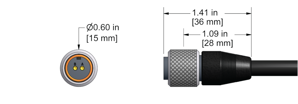 A line drawing showing the diameter and length of an assembled CTC J2P vibration sensor connector kit.