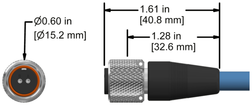 A line drawing showing the diameter and length of an assembled CTC J2Q vibration sensor connector kit.