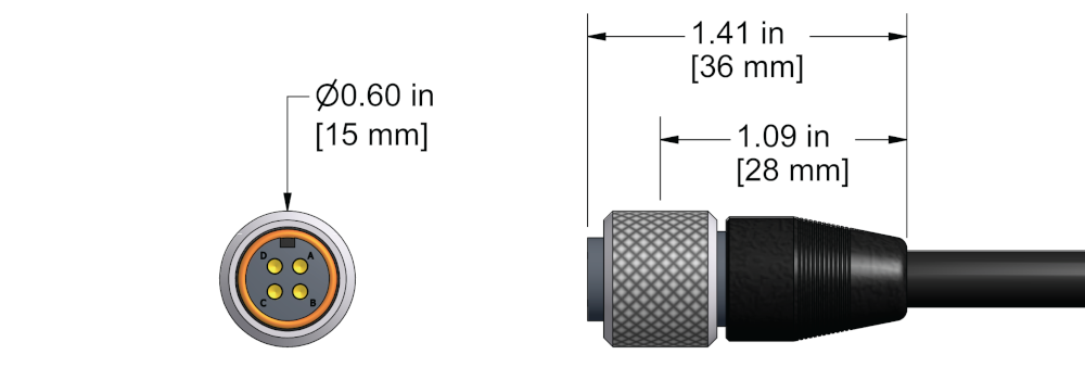 A line drawing showing the diameter and length of an assembled CTC J4A vibration sensor connector kit.