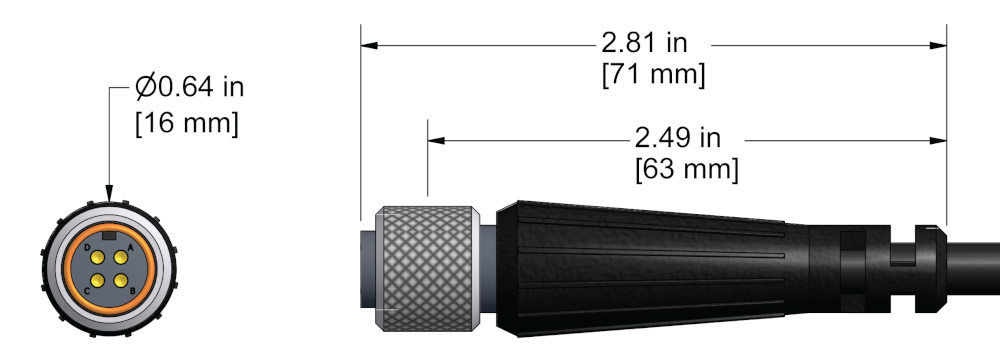 A line drawing showing the diameter and length of an assembled CTC J4CG vibration sensor connector kit.