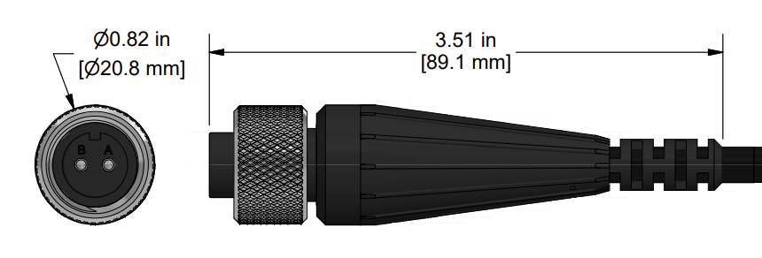 A line drawing showing the diameter and length of an assembled CTC K2C vibration sensor connector kit.