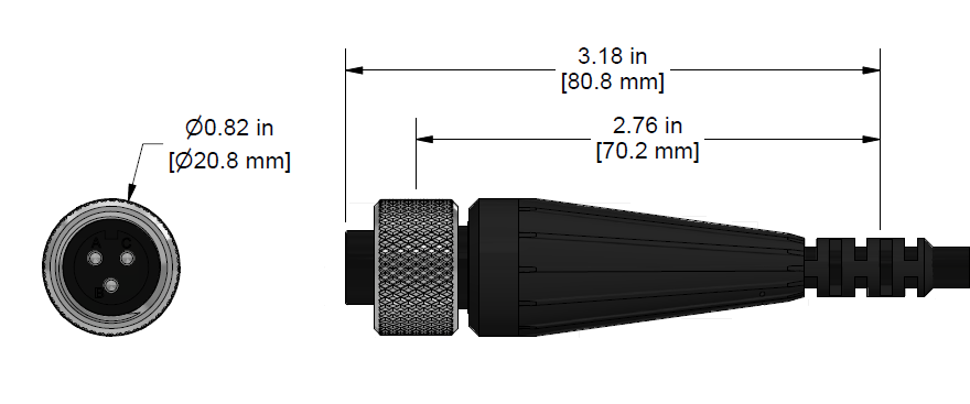 A line drawing showing the diameter and length of an assembled CTC K3CG vibration sensor connector kit.