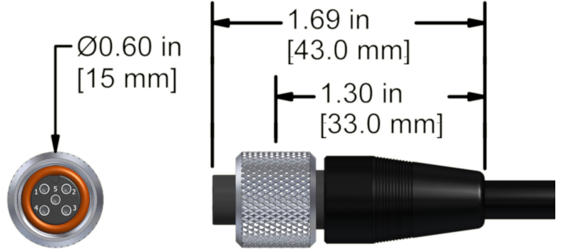 A line drawing showing the diameter and length of an assembled CTC M2AG vibration sensor connector kit.
