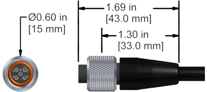 A line drawing showing the diameter and length of an assembled CTC M4LP vibration sensor connector kit.