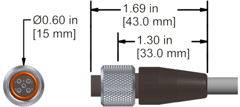 A line drawing showing the diameter and length of an assembled CTC M4RTR4 vibration sensor connector kit.