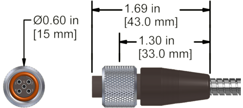A line drawing showing the diameter and length of an assembled CTC M4RTR4X vibration sensor connector kit.