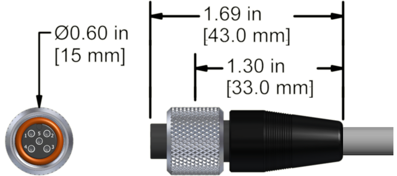 A line drawing showing the diameter and length of an assembled CTC M4TR2 vibration sensor connector kit.